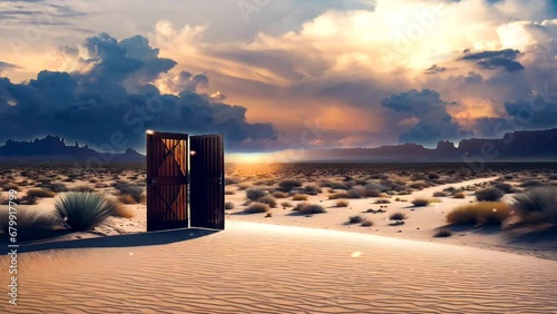 Beautiful view with open Door in desert. Illustration concept of unknown and getting started. 4K time lapse virtual animated background photo