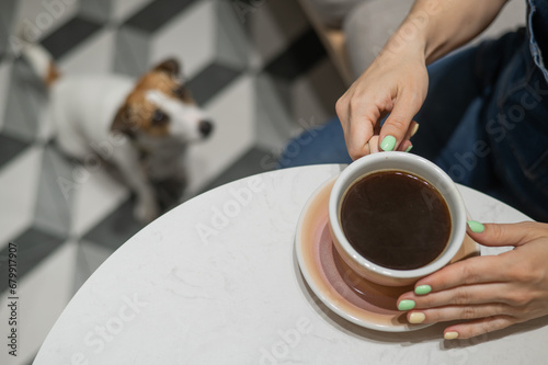 Woman drinking coffee in a dog friendly cafe. Jack Russell sits on the floor in a cafe and waits for the owner.