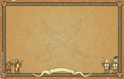 Wide Parchment with Knot Frame, Warriors, Banner, Crossed Sabres