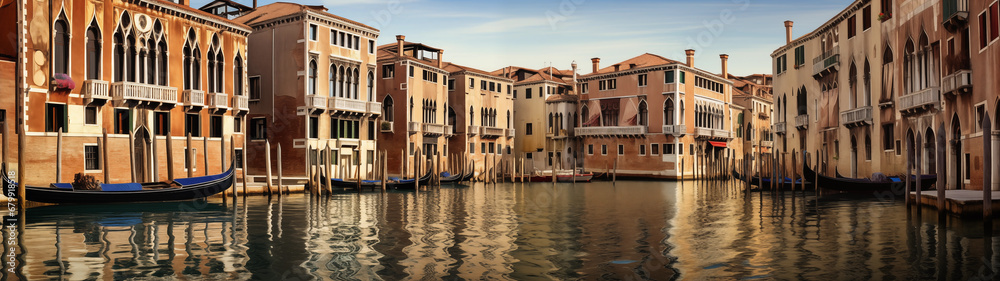 Quiet and beautiful European floating houses and ships in various colors under a clear sky., 32:9 ratio, 8K