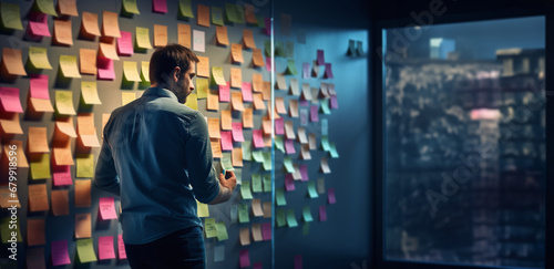 Businessman looking at a wall full of notes. Concepts, new ideas and action plan photo