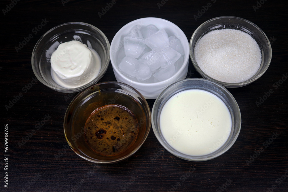 Coffee, milk, yogurt, ice cream, sugar ingredients are used to make cold coffee Coffee, milk, yogurt, ice cream, sugar ingredients are used to make cold coffee
