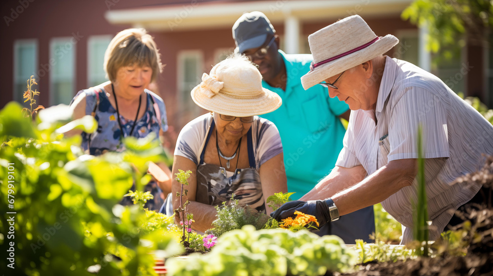 Senior citizens gardening together Senior citizens gardening together