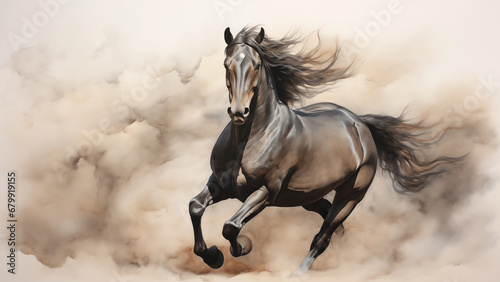 Dynamic view of a running brown horse painted on old paper with watercolor, 8K © 대연 김