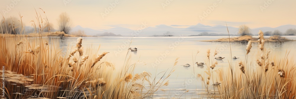 the lake reflects the brown reeds in the water, generative AI the lake reflects the brown reeds in the water, generative AI