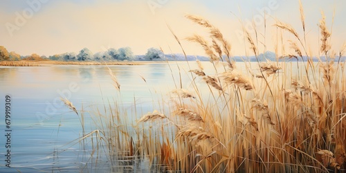 the lake reflects the brown reeds in the water, generative AI