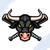 Dark Bull Head Mascot with Cross Baseball Bat