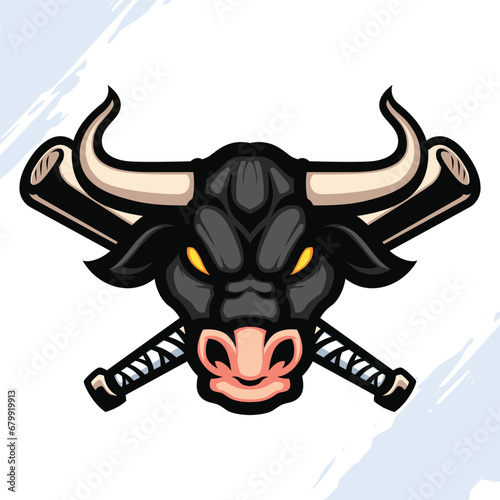 Dark Bull Head Mascot with Cross Baseball Bat
