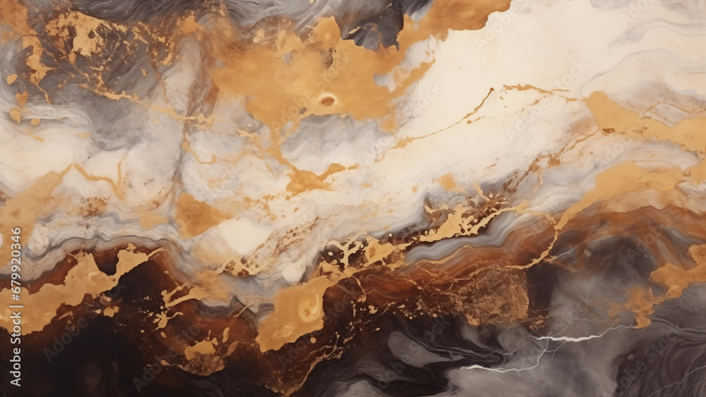 Fototapeta premium Appearance of processed marble surface in gold, white, black and brown colors, 8K