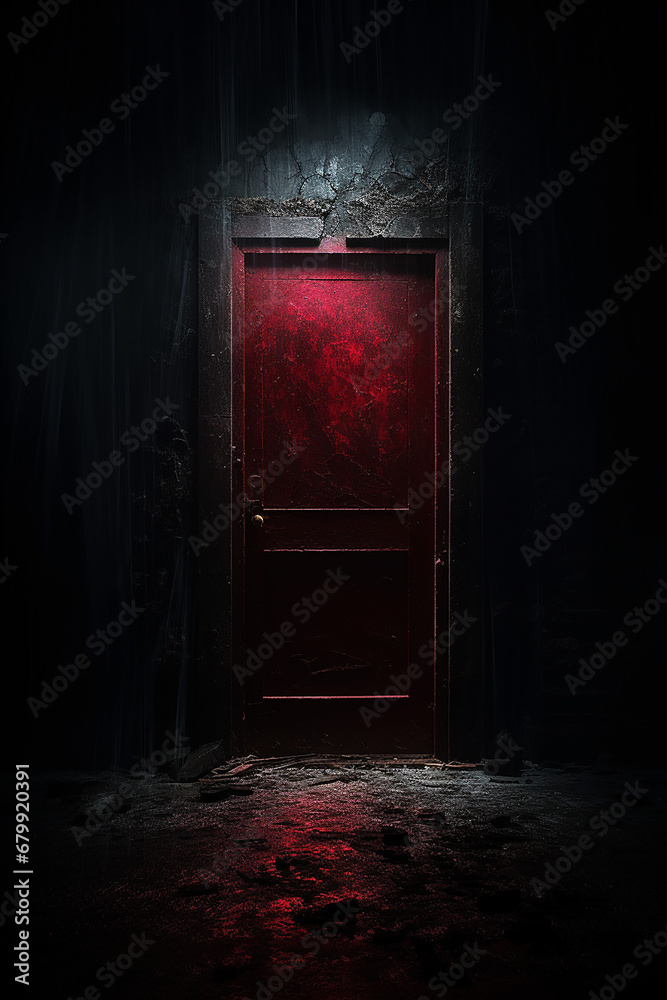 Red door in a dark place with a spotlight from above Red door in a dark place with a spotlight from above