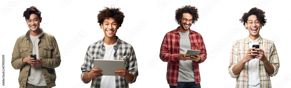 Set of Portrait of young man laughing happy smiling holding using smart phone, With surprise attractive cheerful amazed, isolated on white background, png - obrazy, fototapety, plakaty 
