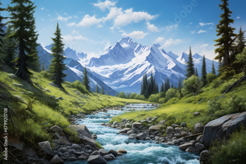 A flowing stream in fantasy landscapes, featuring realistic blue skies, usage of light and color, and an overall dreamy atmosphere.