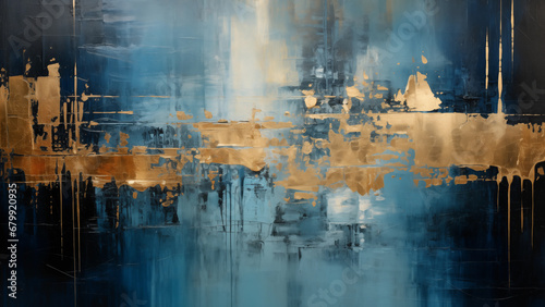 Abstract painting of gold oil paint flowing on a grunge blue wall  for wallpaper  8K