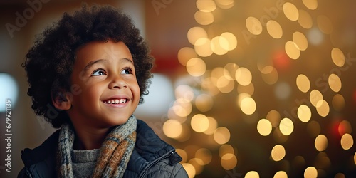 a child smiling at a light up Christmas tree, generative AI