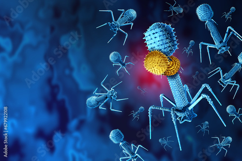 Vampire virus as a small MiniFlayer Phage attaching itself to another helper Bacteriophage that infects viruses to replicate as a virology symbol of a pathogen attacking bacteriophages on a blue backg photo