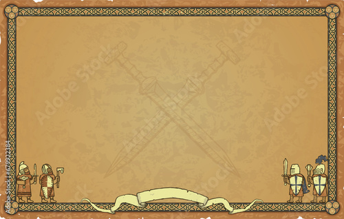 Wide Parchment with Knot Frame, Warriors, Banner, Crossed Gladiuses