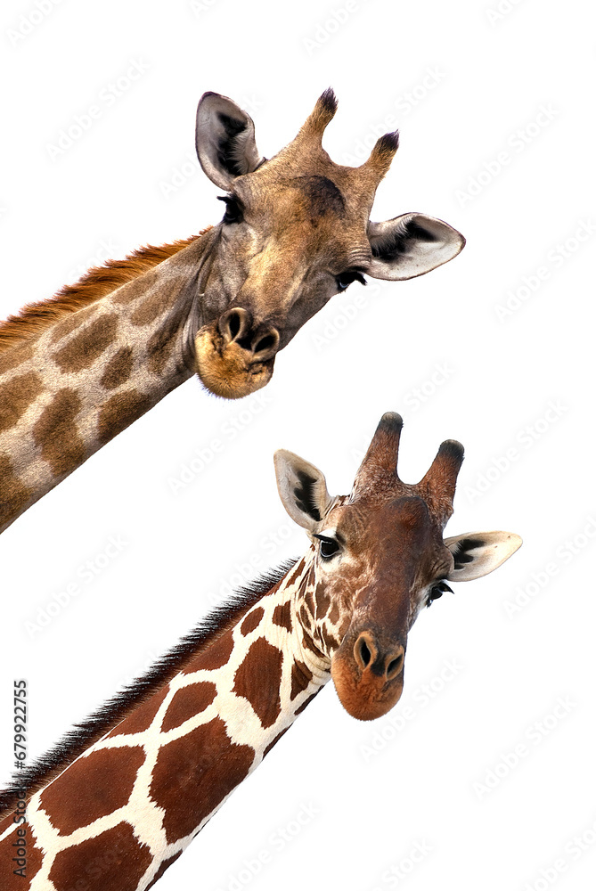 Naklejka premium Heads of two giraffes against a pristine white background