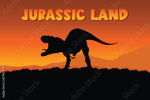 Jurassic Land Tyrannosaur T Rex Dinosaur Silhouette on Orange Background