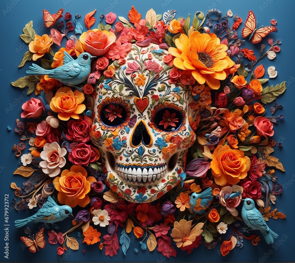 Day of the Dead skull with flowers and birds on a blue background.