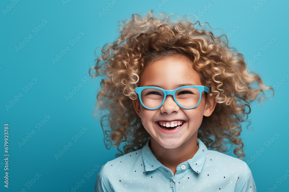 portrait of a smiling little curly blond girl with big eyeglasses. Isolated on solid blue color background portrait of a smiling little curly blond girl with big eyeglasses. Isolated on solid blue color background