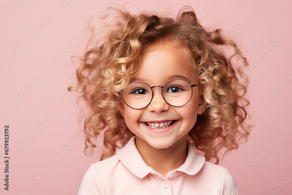 portrait of a beautiful smiling little curly blond girl with big eyeglasses. Isolated on solid light pink color background portrait of a beautiful smiling little curly blond girl with big eyeglasses. Isolated on solid light pink color background