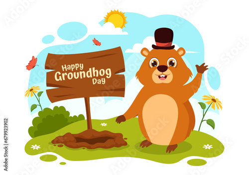 Happy Groundhog Day Vector Illustration on February 2 with a Groundhog Animal Emerged from the Hole Land and Garden in Background Cartoon Design