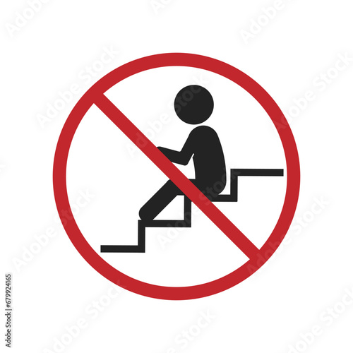 Isolated red round sign of do not sit on stairs, prohibited to sit, loiter or block of stair way, crossed out