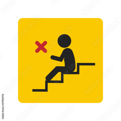 Isolated yellow safety square sign of do not sit on stairs, prohibited to sit, loiter or block of stair way, crossed out