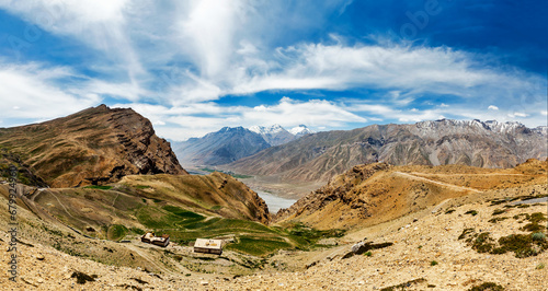 Panorama of Spiti valley in Himalayas. Himachal Pradesh, India