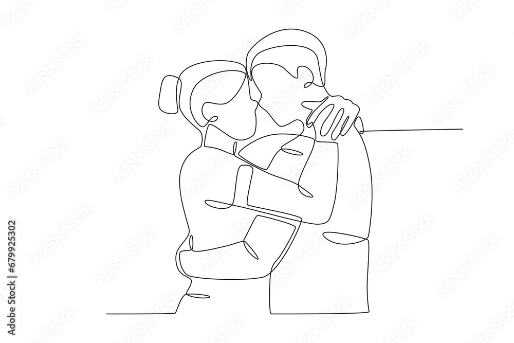 A pair of romantic lovers hugging each other. National hugging day one-line drawing A pair of romantic lovers hugging each other. National hugging day one-line drawing