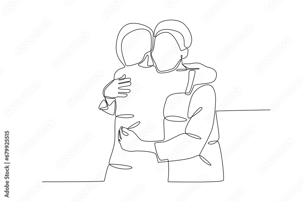 Back view of a woman hugging her boyfriend. National hugging day one-line drawing