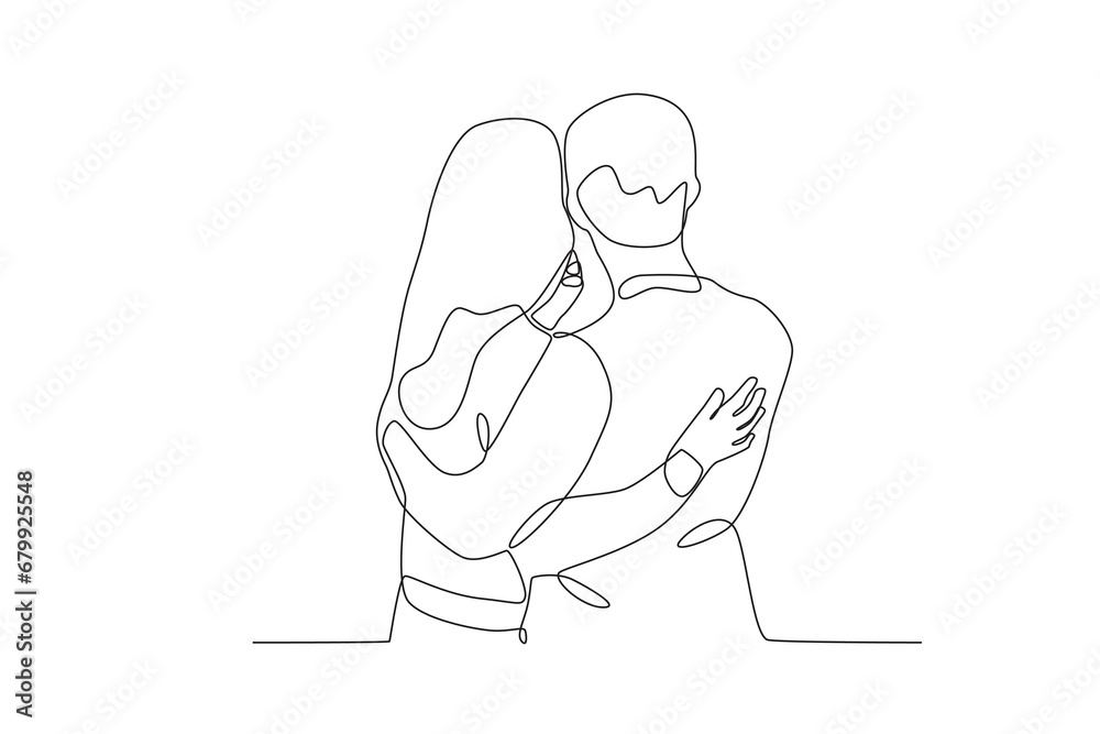A couple hugging back view. National hugging day one-line drawing