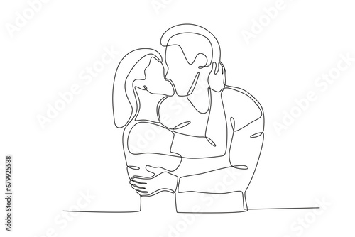 Lovers kiss romantically. National hugging day one-line drawing