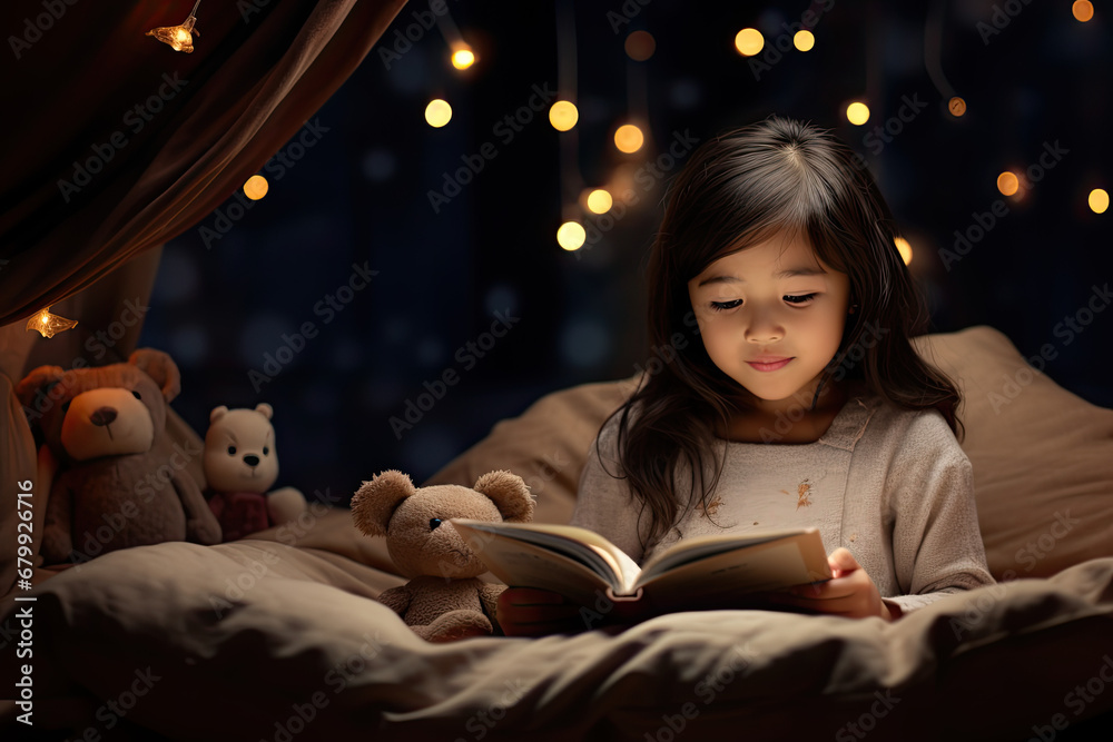 Young Asian girl in bed reading bedtime story goodnight reading learning books, generated ai