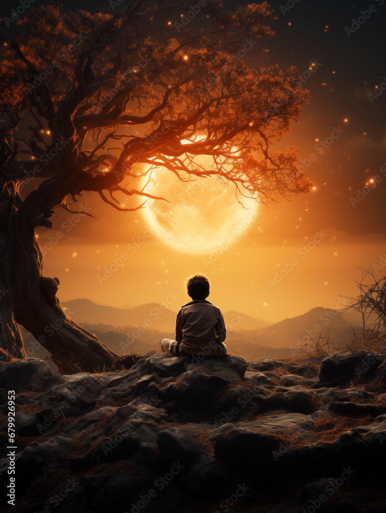 Young little boy sitting on a hillside near a tree watching the sunset