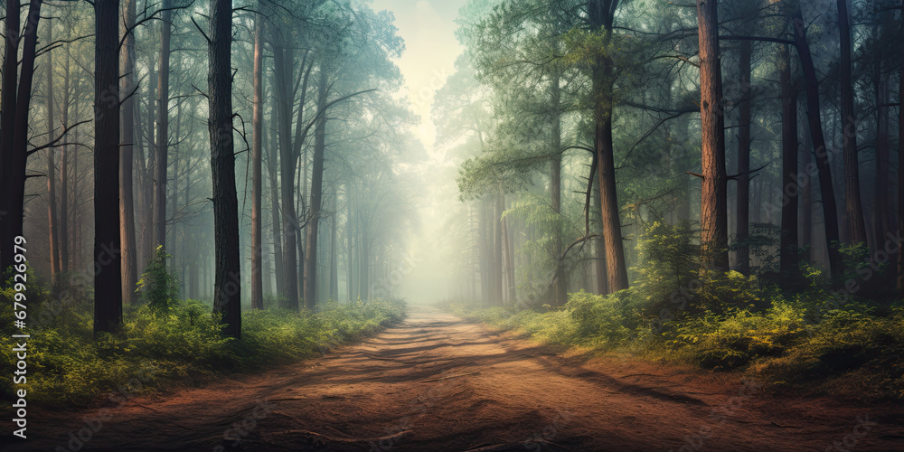 Beautiful forest woodland path pathways winding illustration sunlight woods fantasy trees, generated ai