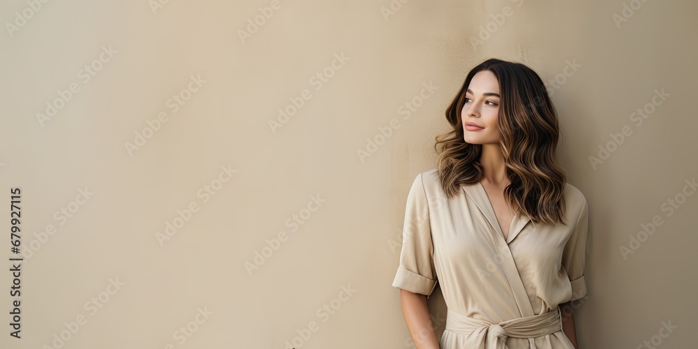 Fototapeta premium brunette woman in a beige jumpsuit, generative AI