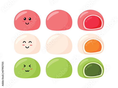 Mochi Daifuku Set Collection for Dango Japanese Dessert Animated Cartoon Vector Illustration