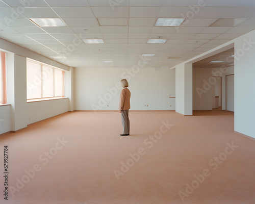 a solo person standing alone in an empty office, peach carpet, no furniture, shot on 35mm,