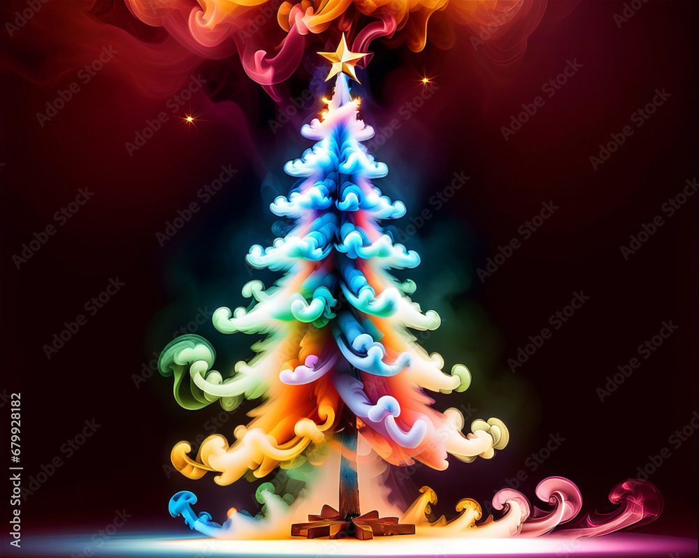 Christmas tree surrounded by colorful smoke