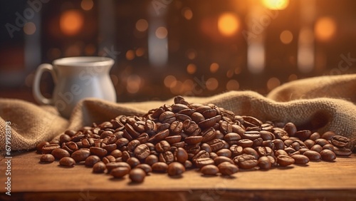 Coffee beans spilling from a burlap bag onto a rustic table. Bakery background and bokeh with soft lighting photo