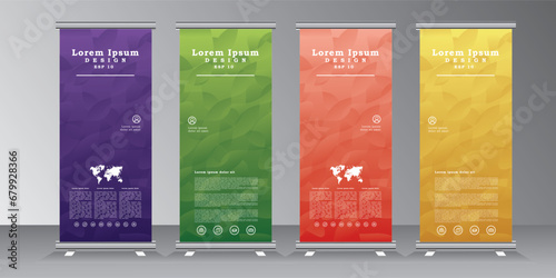 Abstract business roll Up Banner stand design template for exhibition, fair, show, exposition, expo, presentation, festival, parade, events,  roll up banner blue, green, red, yellow,