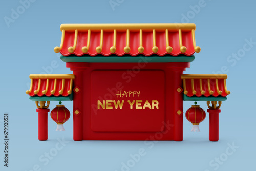 3d Vector Chinese gate entrance, lanterns, Chinese New Year concept. Eps 10 Vector.