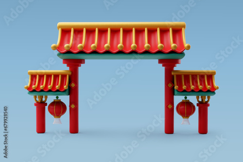 3d Vector Chinese gate entrance, lanterns, Chinese New Year concept. Eps 10 Vector.