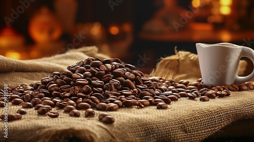 Coffee beans on a burlap with white mug and cinematic bokeh lighting background photo