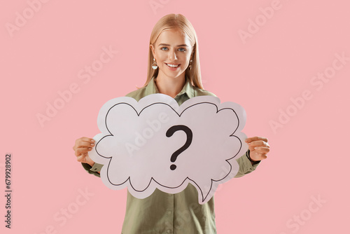 Young woman holding speech ...