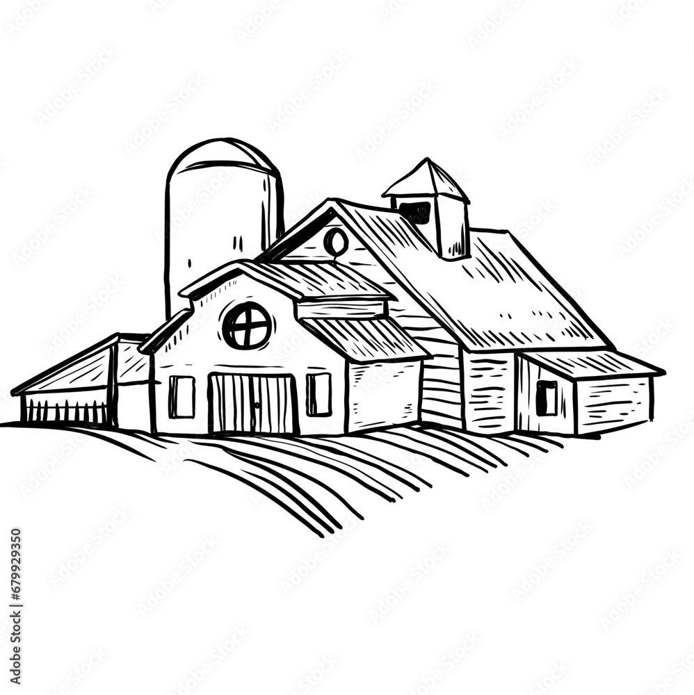 barn farm house hand drawn