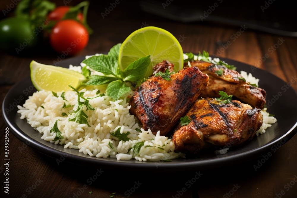 A vibrant plate of traditional Jamaican jerk chicken, served with a side of rice and peas, garnished with fresh herbs and a slice of lime, on a rustic wooden table A vibrant plate of traditional Jamaican jerk chicken, served with a side of rice and peas, garnished with fresh herbs and a slice of lime, on a rustic wooden table