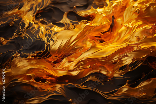 Gold fire, futuristic glowing golden fire waves background. 3D special effect black and 24k gold abstract luxury burning hot fire wallpaper graphic resource for concept, packaging, technology brochure photo