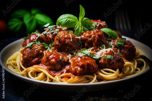 A close-up shot of homemade Italian meatballs simmering in a rich, aromatic tomato sauce, garnished with fresh basil and served with a side of spaghetti